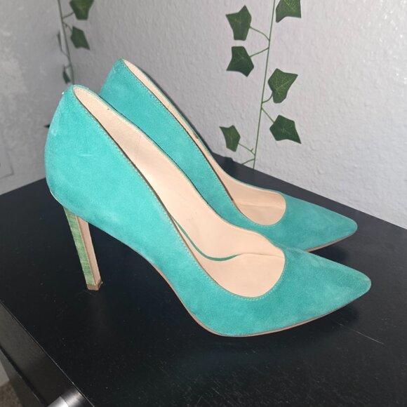 Nine West Teal Suede Leather High Heels Size 6M Pointed Toe Classic Dress Pumps - Picture 4 of 8